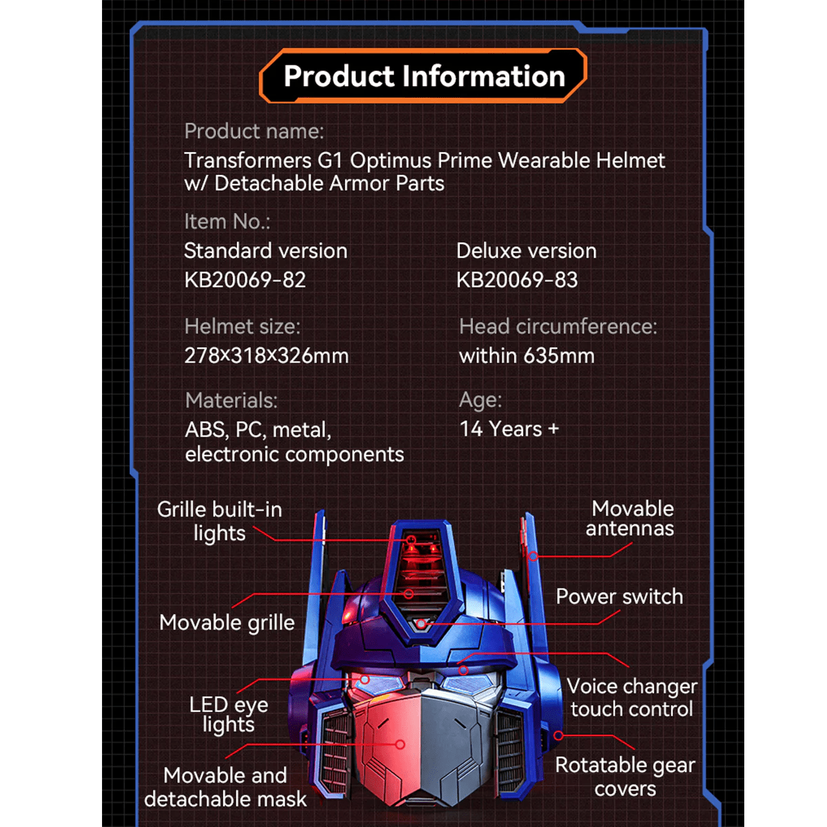 Transformers G1 Optimus Prime Wearable Helmet w/ Detachable Armor Part